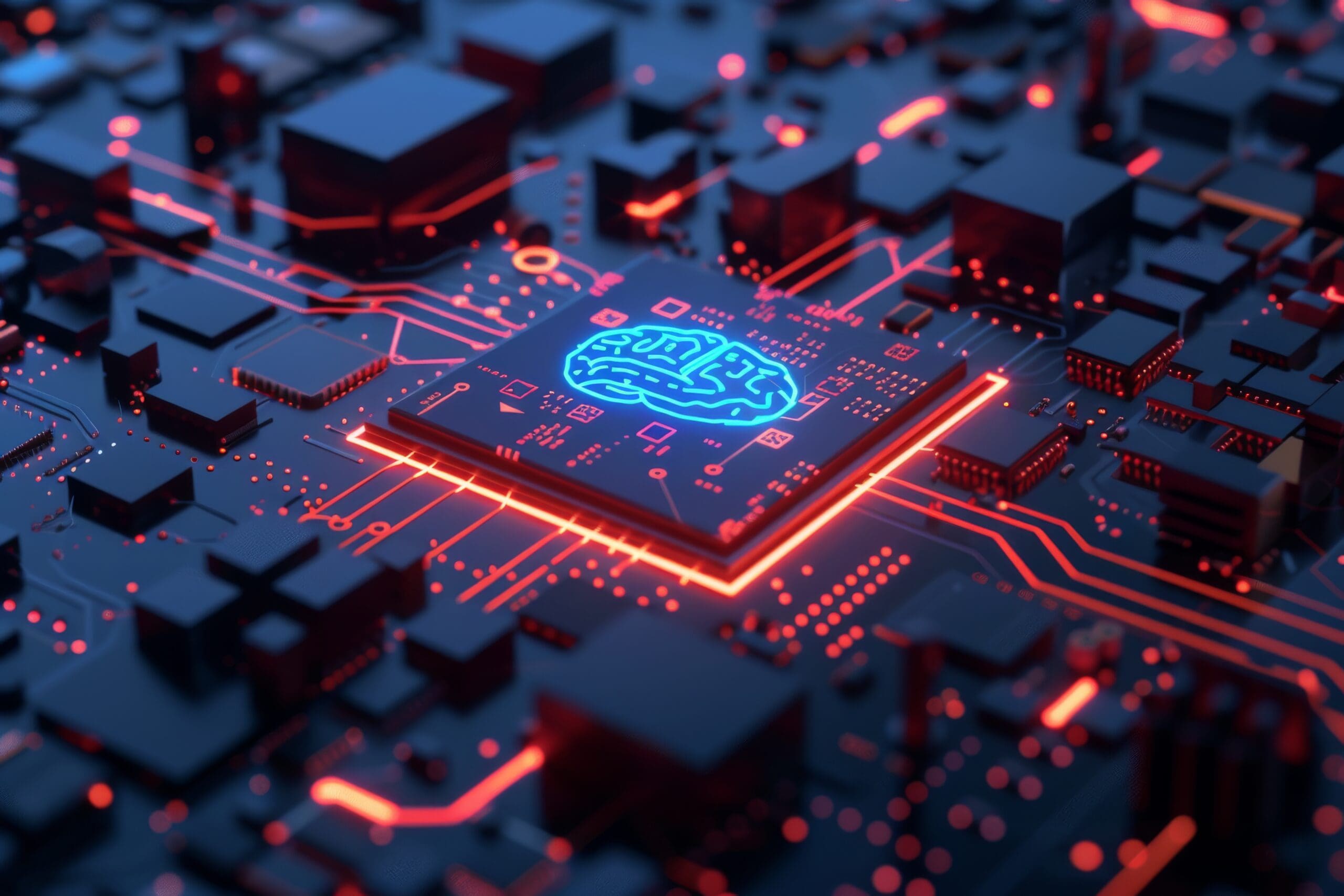 Futuristic computer chip with glowing brain icon, representing advanced managed IT services in Springfield, MO.