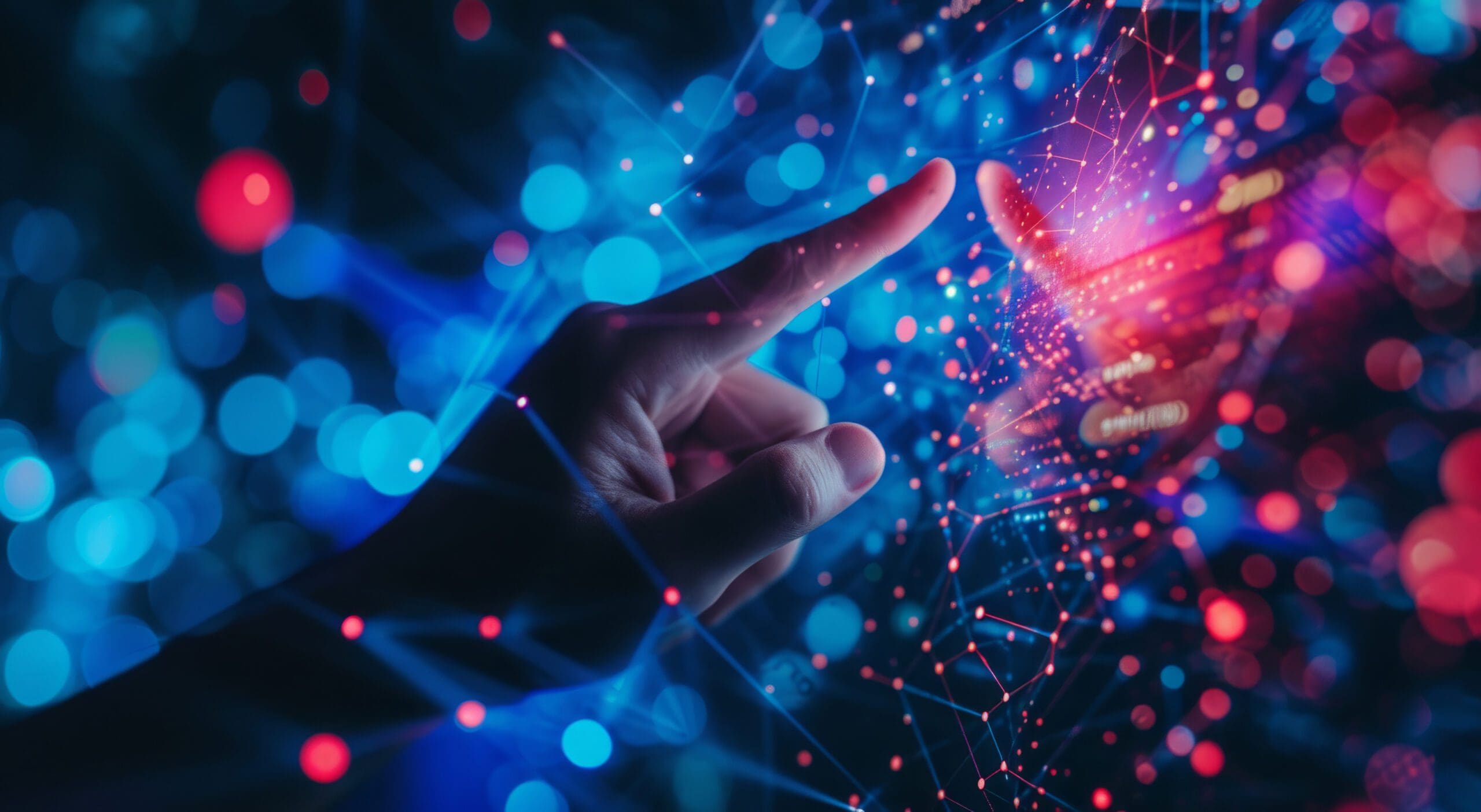 Hand, internet and big data connection dots for cloud storage, artificial intelligence and coding. Blue, lines and network connectivity for ai algorithm, quantum computing and communication backgroun.